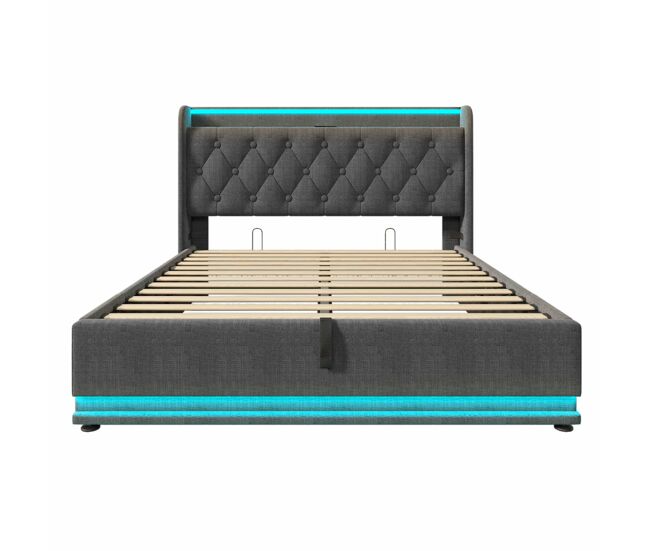 Cama con almacenaje de piel sintética de 140x200 cm - con led y enchufes usb y tipo c - gris