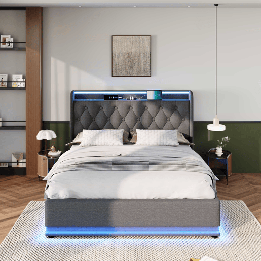 Cama de arrumação em pele sintética 140x200 cm - com LED, tomadas USB e Type-C - Cinzento