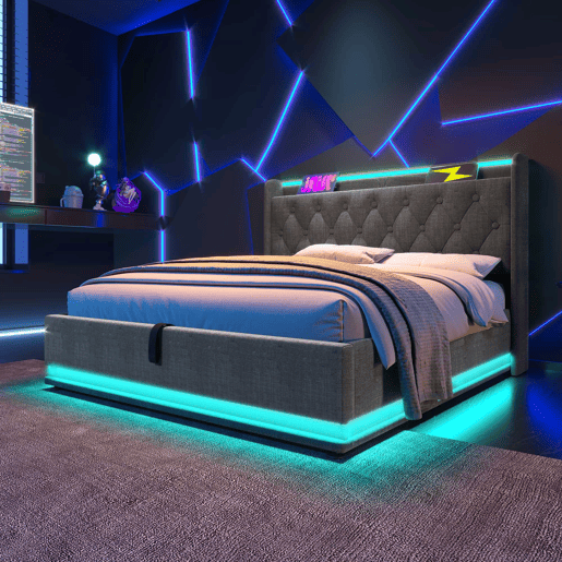 Cama de arrumação em pele sintética 140x200 cm - com LED, tomadas USB e Type-C - Cinzento
