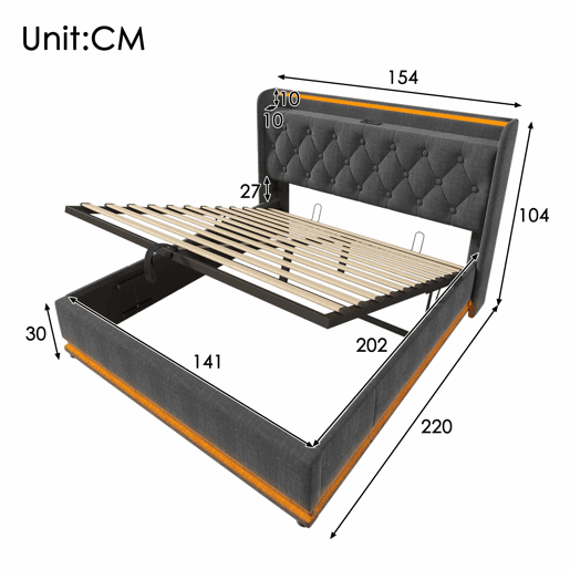 Cama de arrumação em pele sintética 140x200 cm - com LED, tomadas USB e Type-C - Cinzento