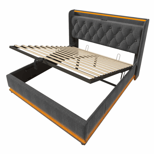 Cama de arrumação em pele sintética 140x200 cm - com LED, tomadas USB e Type-C - Cinzento