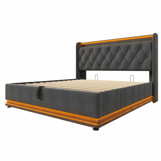 Cama de arrumação em pele sintética 140x200 cm - com LED, tomadas USB e Type-C - Cinzento