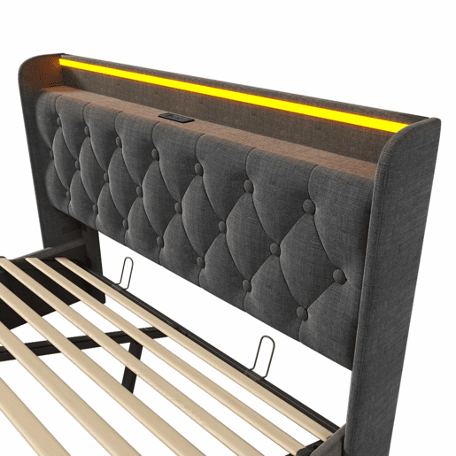 Cama de arrumação em pele sintética 140x200 cm - com LED, tomadas USB e Type-C - Cinzento