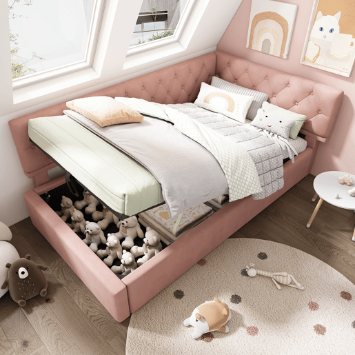 Cama individual 90x200 cm - Sofá-cama com armazenamento hidráulico - Rosa Cama individual 90x200 cm - Sofá-cama com armazenamento hidráulico - Rosa