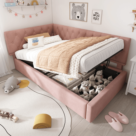 Cama individual 90x200 cm - Sofá-cama com armazenamento hidráulico - Rosa Cama individual 90x200 cm - Sofá-cama com armazenamento hidráulico - Rosa