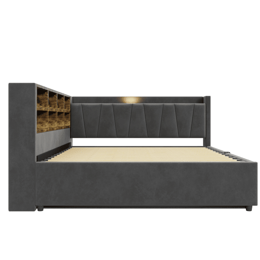 Sofá-cama 140 x 200 cm - Com armazenamento hidráulico, luz noturna, portas USB e Tipo C, com prateleiras e compartimentos, cabeceira acolchoada, multifuncional, veludo - Cinza escuro Sofá-cama 140 x 200 cm - Com armazenamento hidráulico, luz noturna, portas USB e Tipo C, com prateleiras e compartimentos, cabeceira acolchoada, multifuncional, veludo - Cinza escuro