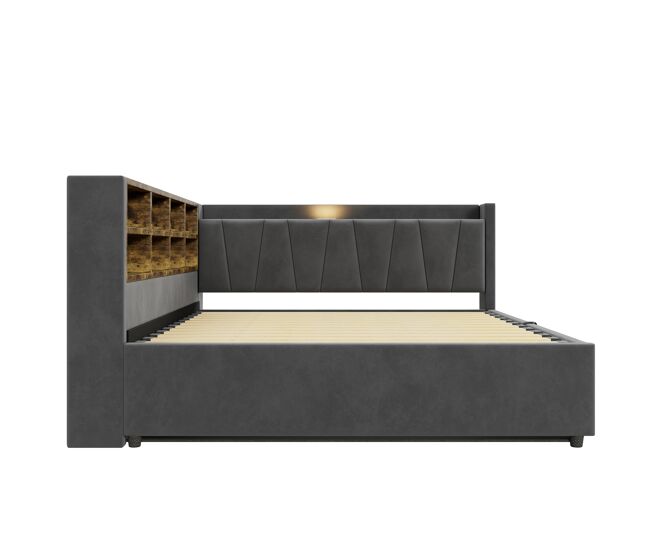 Sofá cama 140*200 cm - con almacenamiento hidráulico, luz nocturna, puertos usb y tipo-c, con estantes y compartimentos, cabezal acolchado,