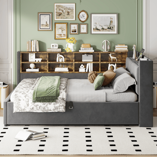 Sofá-cama 140 x 200 cm - Com armazenamento hidráulico, luz noturna, portas USB e Tipo C, com prateleiras e compartimentos, cabeceira acolchoada, multifuncional, veludo - Cinza escuro Sofá-cama 140 x 200 cm - Com armazenamento hidráulico, luz noturna, portas USB e Tipo C, com prateleiras e compartimentos, cabeceira acolchoada, multifuncional, veludo - Cinza escuro