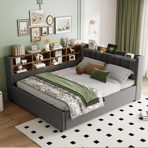 Sofá-cama 140 x 200 cm - Com armazenamento hidráulico, luz noturna, portas USB e Tipo C, com prateleiras e compartimentos, cabeceira acolchoada, multifuncional, veludo - Cinza escuro Sofá-cama 140 x 200 cm - Com armazenamento hidráulico, luz noturna, portas USB e Tipo C, com prateleiras e compartimentos, cabeceira acolchoada, multifuncional, veludo - Cinza escuro