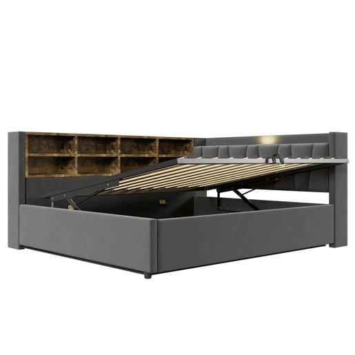Sofá-cama 140 x 200 cm - Com armazenamento hidráulico, luz noturna, portas USB e Tipo C, com prateleiras e compartimentos, cabeceira acolchoada, multifuncional, veludo - Cinza escuro Sofá-cama 140 x 200 cm - Com armazenamento hidráulico, luz noturna, portas USB e Tipo C, com prateleiras e compartimentos, cabeceira acolchoada, multifuncional, veludo - Cinza escuro