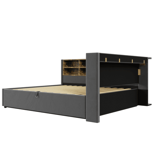Sofá-cama 140 x 200 cm - Com armazenamento hidráulico, luz noturna, portas USB e Tipo C, com prateleiras e compartimentos, cabeceira acolchoada, multifuncional, veludo - Cinza escuro Sofá-cama 140 x 200 cm - Com armazenamento hidráulico, luz noturna, portas USB e Tipo C, com prateleiras e compartimentos, cabeceira acolchoada, multifuncional, veludo - Cinza escuro
