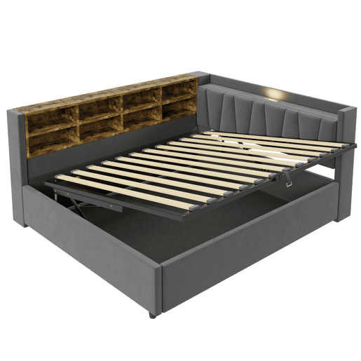 Sofá-cama 140 x 200 cm - Com armazenamento hidráulico, luz noturna, portas USB e Tipo C, com prateleiras e compartimentos, cabeceira acolchoada, multifuncional, veludo - Cinza escuro Sofá-cama 140 x 200 cm - Com armazenamento hidráulico, luz noturna, portas USB e Tipo C, com prateleiras e compartimentos, cabeceira acolchoada, multifuncional, veludo - Cinza escuro
