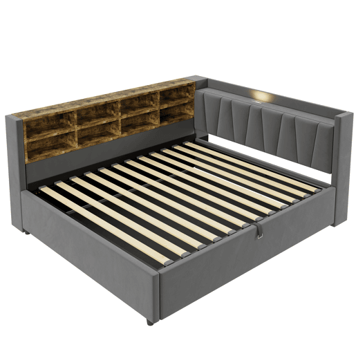 Sofá-cama 140 x 200 cm - Com armazenamento hidráulico, luz noturna, portas USB e Tipo C, com prateleiras e compartimentos, cabeceira acolchoada, multifuncional, veludo - Cinza escuro Sofá-cama 140 x 200 cm - Com armazenamento hidráulico, luz noturna, portas USB e Tipo C, com prateleiras e compartimentos, cabeceira acolchoada, multifuncional, veludo - Cinza escuro