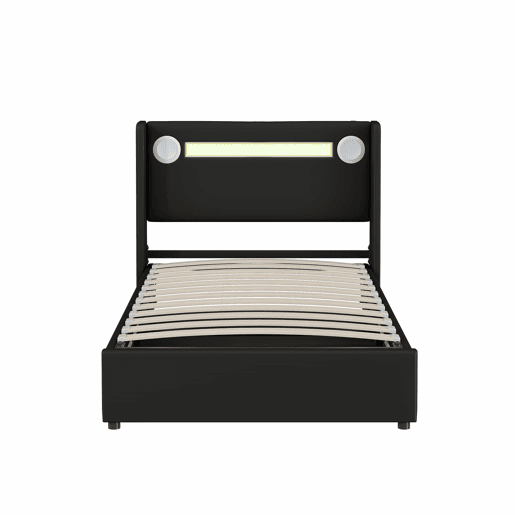 Cama contentora estofada em pele 90x200 cm com LED, leitor Bluetooth e portas de carregamento USB - com estrado de molas - Preto