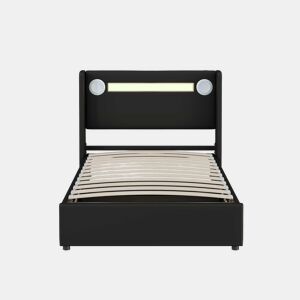 Cama contentora estofada em pele 90x200 cm com LED, leitor Bluetooth e portas de carregamento USB - com estrado de molas - Preto