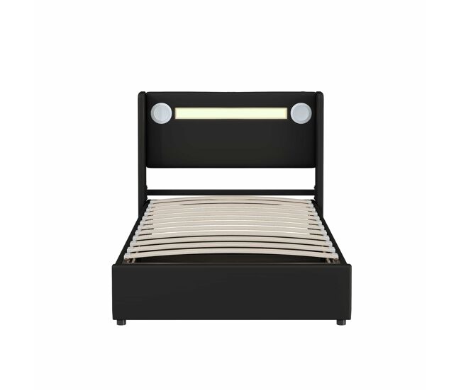 Cama contenedor tapizada en piel sintética de 90x200 cm con led, reproductor bluetooth y puertos de carga usb - con somier - negro
