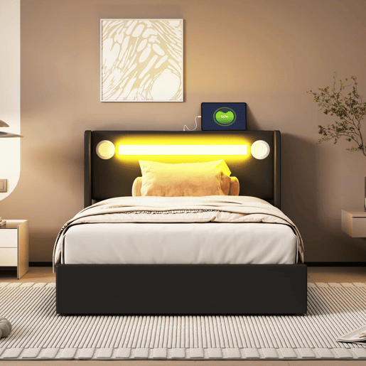 Cama contentora estofada em pele 90x200 cm com LED, leitor Bluetooth e portas de carregamento USB - com estrado de molas - Preto