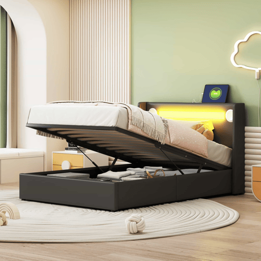 Cama contentora estofada em pele 90x200 cm com LED, leitor Bluetooth e portas de carregamento USB - com estrado de molas - Preto