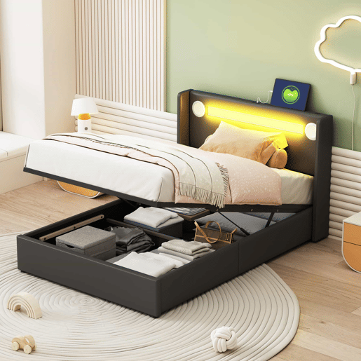 Cama contentora estofada em pele 90x200 cm com LED, leitor Bluetooth e portas de carregamento USB - com estrado de molas - Preto