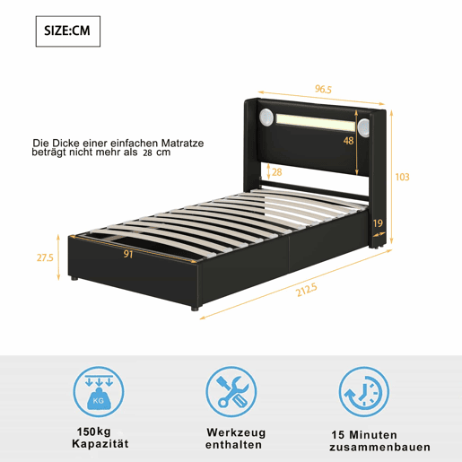 Cama contentora estofada em pele 90x200 cm com LED, leitor Bluetooth e portas de carregamento USB - com estrado de molas - Preto