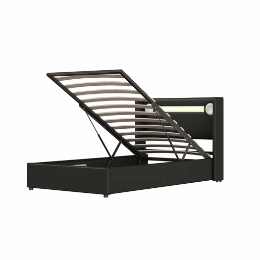 Cama contentora estofada em pele 90x200 cm com LED, leitor Bluetooth e portas de carregamento USB - com estrado de molas - Preto
