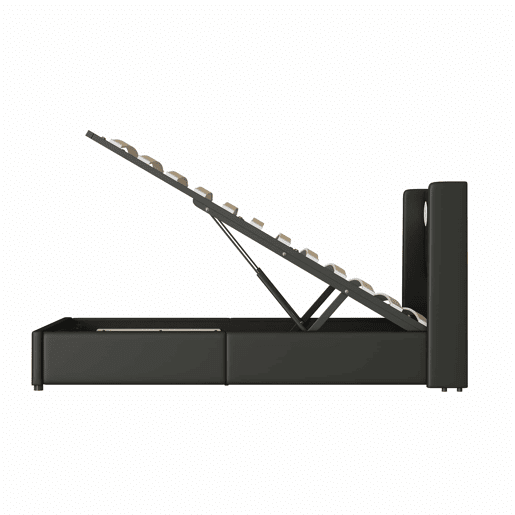 Cama contentora estofada em pele 90x200 cm com LED, leitor Bluetooth e portas de carregamento USB - com estrado de molas - Preto