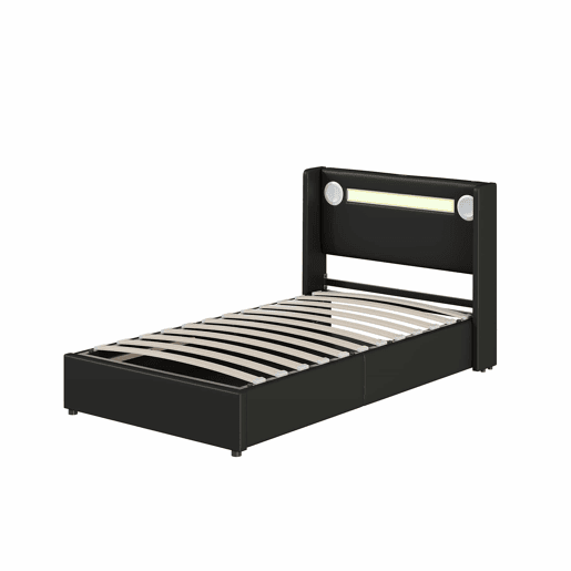 Cama contentora estofada em pele 90x200 cm com LED, leitor Bluetooth e portas de carregamento USB - com estrado de molas - Preto
