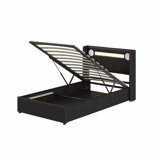 Cama contentora estofada em pele 90x200 cm com LED, leitor Bluetooth e portas de carregamento USB - com estrado de molas - Preto