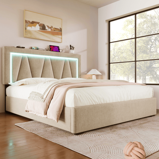 Cama contentora estofada 140x200cm com LED e porta de carregamento USB e Type-C - Tecido linho - Estrado de ripas - Bege Cama contentora estofada 140x200cm com LED e porta de carregamento USB e Type-C - Tecido linho - Estrado de ripas - Bege