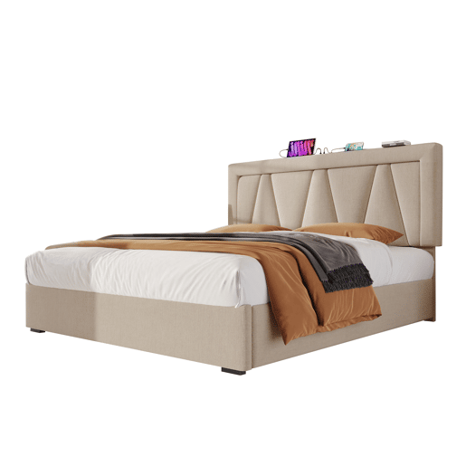 Cama contentora estofada 140x200cm com LED e porta de carregamento USB e Type-C - Tecido linho - Estrado de ripas - Bege Cama contentora estofada 140x200cm com LED e porta de carregamento USB e Type-C - Tecido linho - Estrado de ripas - Bege