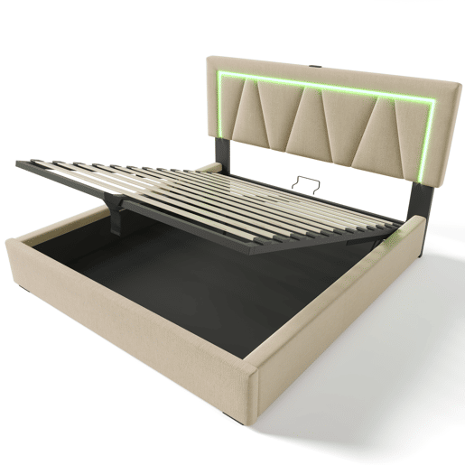Cama contentora estofada 140x200cm com LED e porta de carregamento USB e Type-C - Tecido linho - Estrado de ripas - Bege Cama contentora estofada 140x200cm com LED e porta de carregamento USB e Type-C - Tecido linho - Estrado de ripas - Bege