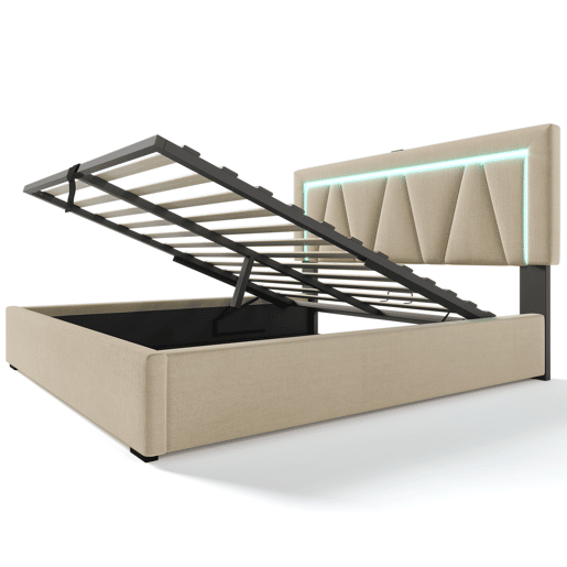 Cama contentora estofada 140x200cm com LED e porta de carregamento USB e Type-C - Tecido linho - Estrado de ripas - Bege Cama contentora estofada 140x200cm com LED e porta de carregamento USB e Type-C - Tecido linho - Estrado de ripas - Bege