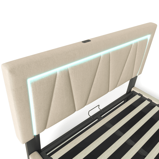 Cama contentora estofada 140x200cm com LED e porta de carregamento USB e Type-C - Tecido linho - Estrado de ripas - Bege Cama contentora estofada 140x200cm com LED e porta de carregamento USB e Type-C - Tecido linho - Estrado de ripas - Bege