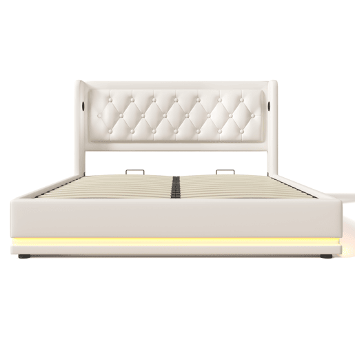 Cama estofada 140*200 cm - Cama hidráulica com arrumação, cabeceira acolchoada com função de carregamento USB Tipo-C, função LED em 3 lados - Branco Cama estofada 140*200 cm - Cama hidráulica com arrumação, cabeceira acolchoada com função de carregamento USB Tipo-C, função LED em 3 lados - Branco