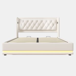 Cama estofada 140*200 cm - Cama hidráulica com arrumação, cabeceira acolchoada com função de carregamento USB Tipo-C, função LED em 3 lados - Branco