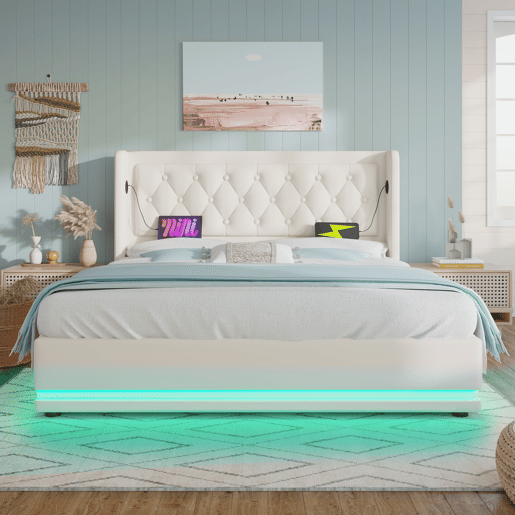 Cama estofada 140*200 cm - Cama hidráulica com arrumação, cabeceira acolchoada com função de carregamento USB Tipo-C, função LED em 3 lados - Branco Cama estofada 140*200 cm - Cama hidráulica com arrumação, cabeceira acolchoada com função de carregamento USB Tipo-C, função LED em 3 lados - Branco
