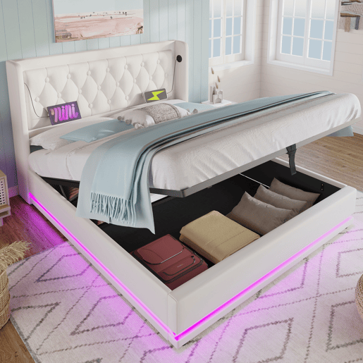 Cama estofada 140*200 cm - Cama hidráulica com arrumação, cabeceira acolchoada com função de carregamento USB Tipo-C, função LED em 3 lados - Branco Cama estofada 140*200 cm - Cama hidráulica com arrumação, cabeceira acolchoada com função de carregamento USB Tipo-C, função LED em 3 lados - Branco