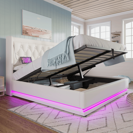 Cama estofada 140*200 cm - Cama hidráulica com arrumação, cabeceira acolchoada com função de carregamento USB Tipo-C, função LED em 3 lados - Branco Cama estofada 140*200 cm - Cama hidráulica com arrumação, cabeceira acolchoada com função de carregamento USB Tipo-C, função LED em 3 lados - Branco