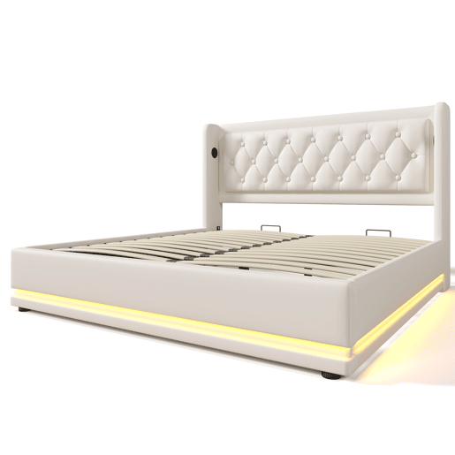 Cama estofada 140*200 cm - Cama hidráulica com arrumação, cabeceira acolchoada com função de carregamento USB Tipo-C, função LED em 3 lados - Branco Cama estofada 140*200 cm - Cama hidráulica com arrumação, cabeceira acolchoada com função de carregamento USB Tipo-C, função LED em 3 lados - Branco