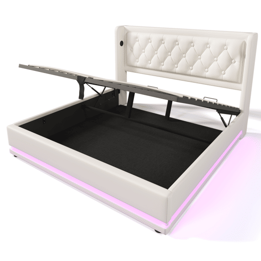Cama estofada 140*200 cm - Cama hidráulica com arrumação, cabeceira acolchoada com função de carregamento USB Tipo-C, função LED em 3 lados - Branco Cama estofada 140*200 cm - Cama hidráulica com arrumação, cabeceira acolchoada com função de carregamento USB Tipo-C, função LED em 3 lados - Branco