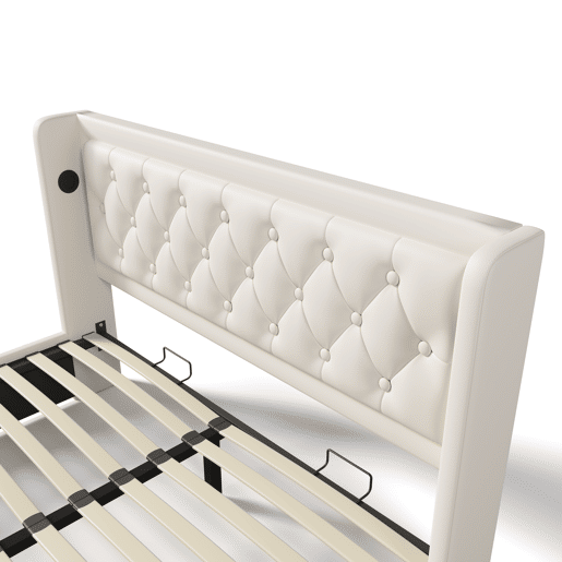 Cama estofada 140*200 cm - Cama hidráulica com arrumação, cabeceira acolchoada com função de carregamento USB Tipo-C, função LED em 3 lados - Branco Cama estofada 140*200 cm - Cama hidráulica com arrumação, cabeceira acolchoada com função de carregamento USB Tipo-C, função LED em 3 lados - Branco