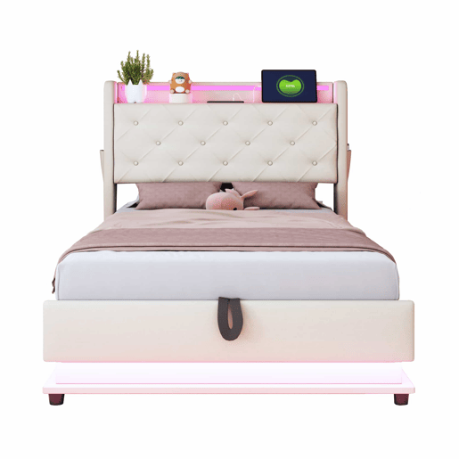 Cama infantil 90x200 cm - Com luzes que mudam, entrada USB, cabeceira rebatível, armazenamento hidráulico, bolso para telemóvel - Bege Cama infantil 90x200 cm - Com luzes que mudam, entrada USB, cabeceira rebatível, armazenamento hidráulico, bolso para telemóvel - Bege