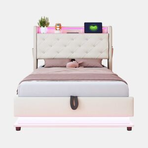 Cama infantil 90x200 cm - Com luzes que mudam, entrada USB, cabeceira rebatível, armazenamento hidráulico, bolso para telemóvel - Bege