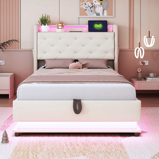 Cama infantil 90x200 cm - Com luzes que mudam, entrada USB, cabeceira rebatível, armazenamento hidráulico, bolso para telemóvel - Bege Cama infantil 90x200 cm - Com luzes que mudam, entrada USB, cabeceira rebatível, armazenamento hidráulico, bolso para telemóvel - Bege