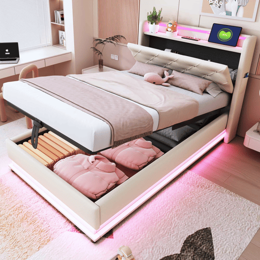 Cama infantil 90x200 cm - Com luzes que mudam, entrada USB, cabeceira rebatível, armazenamento hidráulico, bolso para telemóvel - Bege Cama infantil 90x200 cm - Com luzes que mudam, entrada USB, cabeceira rebatível, armazenamento hidráulico, bolso para telemóvel - Bege