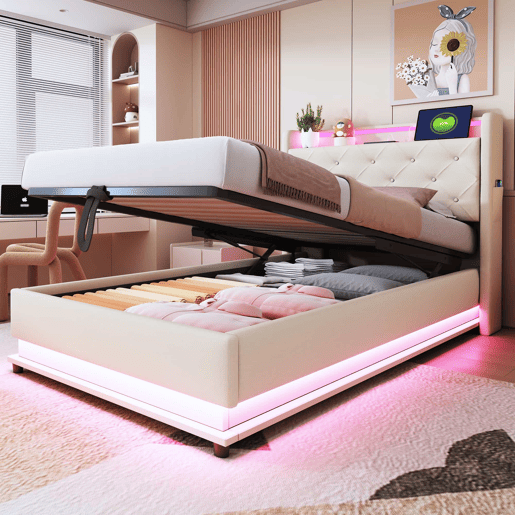 Cama infantil 90x200 cm - Com luzes que mudam, entrada USB, cabeceira rebatível, armazenamento hidráulico, bolso para telemóvel - Bege Cama infantil 90x200 cm - Com luzes que mudam, entrada USB, cabeceira rebatível, armazenamento hidráulico, bolso para telemóvel - Bege