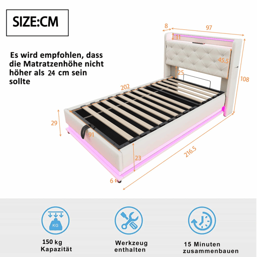 Cama infantil 90x200 cm - Com luzes que mudam, entrada USB, cabeceira rebatível, armazenamento hidráulico, bolso para telemóvel - Bege Cama infantil 90x200 cm - Com luzes que mudam, entrada USB, cabeceira rebatível, armazenamento hidráulico, bolso para telemóvel - Bege
