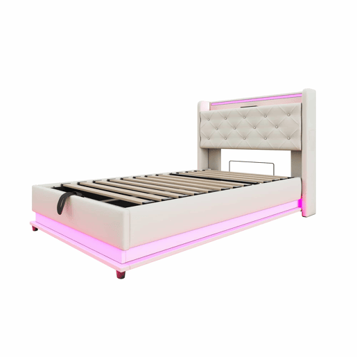 Cama infantil 90x200 cm - Com luzes que mudam, entrada USB, cabeceira rebatível, armazenamento hidráulico, bolso para telemóvel - Bege Cama infantil 90x200 cm - Com luzes que mudam, entrada USB, cabeceira rebatível, armazenamento hidráulico, bolso para telemóvel - Bege