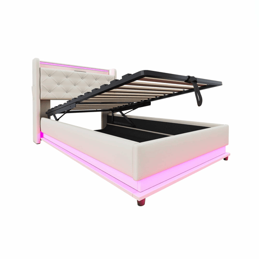 Cama infantil 90x200 cm - Com luzes que mudam, entrada USB, cabeceira rebatível, armazenamento hidráulico, bolso para telemóvel - Bege Cama infantil 90x200 cm - Com luzes que mudam, entrada USB, cabeceira rebatível, armazenamento hidráulico, bolso para telemóvel - Bege