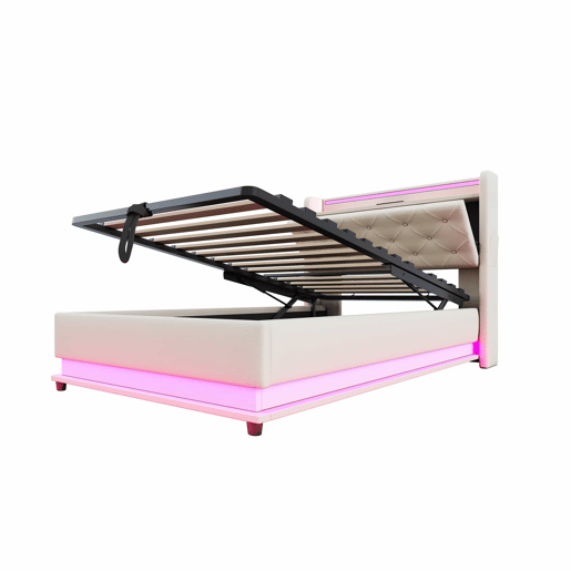 Cama infantil 90x200 cm - Com luzes que mudam, entrada USB, cabeceira rebatível, armazenamento hidráulico, bolso para telemóvel - Bege Cama infantil 90x200 cm - Com luzes que mudam, entrada USB, cabeceira rebatível, armazenamento hidráulico, bolso para telemóvel - Bege